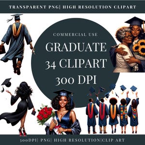 May include: A set of 34 digital clipart images featuring graduates in various poses, including a group of graduates throwing their caps in the air, a graduate holding a bouquet of red roses, and a graduate with a sunflower. The images are in a cartoon style and are perfect for creating graduation cards, invitations, and other projects.