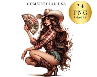 May include: Digital illustration of a woman in a cowboy hat, plaid shirt, denim shorts, and boots, holding a fan. The image includes text that reads "300DPI | TRANSPARENT PNG | HIGH RESOLUTION | COMMERCIAL USE" and "24 PNG IMAGES".