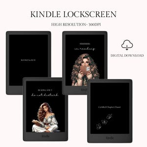 May include: A collection of Kindle e-readers displaying various lock screen designs. The screens feature illustrations of women reading, along with text such as "Booked & Busy," "Reading Smut do not disturb," and "Certified Chapter Chaser." The image also includes the text "Kindle Lockscreen."