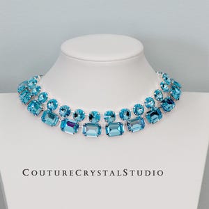 Crystal Aquamarine 18x13mm Octagon Necklace, Georgian Choker, Anna Wintour Style Statement Jewelry, Elegant Crystal, Modern Heirloom