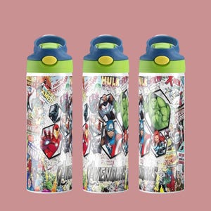 May include: Three water bottles with a Marvel Avengers theme. Each bottle has a blue and green lid and is covered in comic book-style graphics featuring various Avengers characters. The background is a light pink.