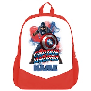 May include: Red backpack featuring Captain America with his shield. The backpack has a white center with the words "CAPTAIN AMERICA" and "NAME" in blue. The background has red and blue smoke effects.