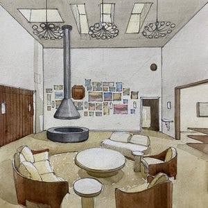 Op de afbeelding: Waterverfillustratie van een moderne woonkamer met een open haard, zithoek en kunstwerken. De kamer heeft een rond tapijt, een ronde salontafel en fauteuils. Het plafond heeft dakramen en decoratieve kroonluchters.