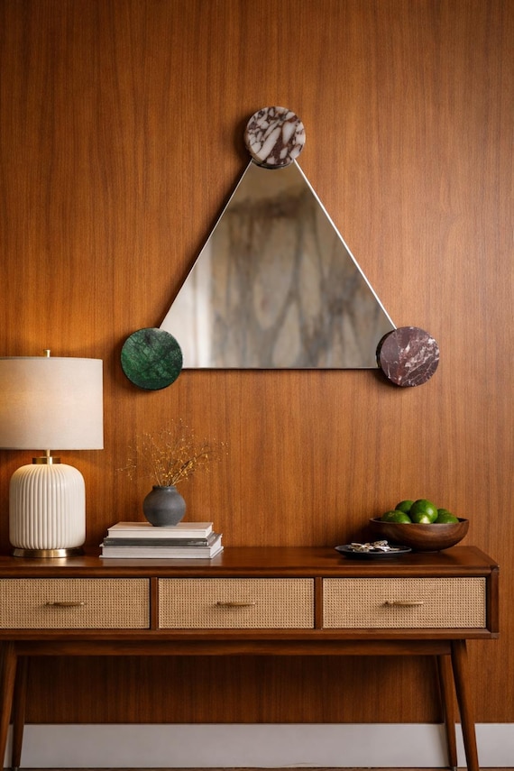1970s Inspired Modernist Marble Triangle Mirror – Sculptural Geometric Wall Mirror