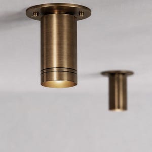 May include: Two cylindrical, bronze-colored ceiling lights with a warm glow. The lights have a circular base and a cylindrical body with two black bands. The lights are mounted on a white ceiling.
