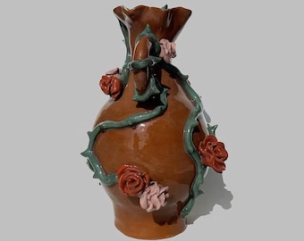 Handmade Ceramic Vase with Gothic Floral Accents, Decorative Art Vase, Fairy Tale Thorns & Roses Vase, Statement Ceramic Decor