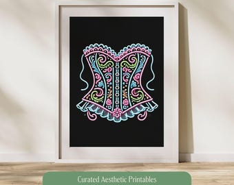 Neon Rococo Corset Art | Rococo Party | Bachelorette Decor | Burlesque Printable | Digital Download | Baroque Aesthetic | Maximalist Decor
