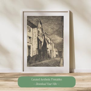 May include: A black and white print of a street scene with buildings on either side of the street. The buildings are drawn in a simple style, with a focus on the shadows and light.