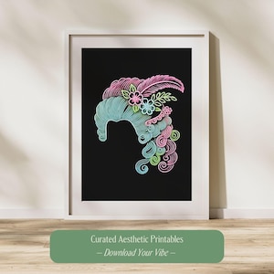 May include: A digital illustration of a stylized, colorful, floral design on a black background. The design features a large, curly, pink and blue shape with green accents and small flowers.