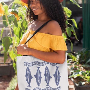 Sommer-Strandtasche, Reisetasche, Urlaubstasche, Tasche im Fisch-Design, ideales Geschenk für Meeresliebhaber, ästhetische Tasche im Fischer-Stil, Einkaufstasche