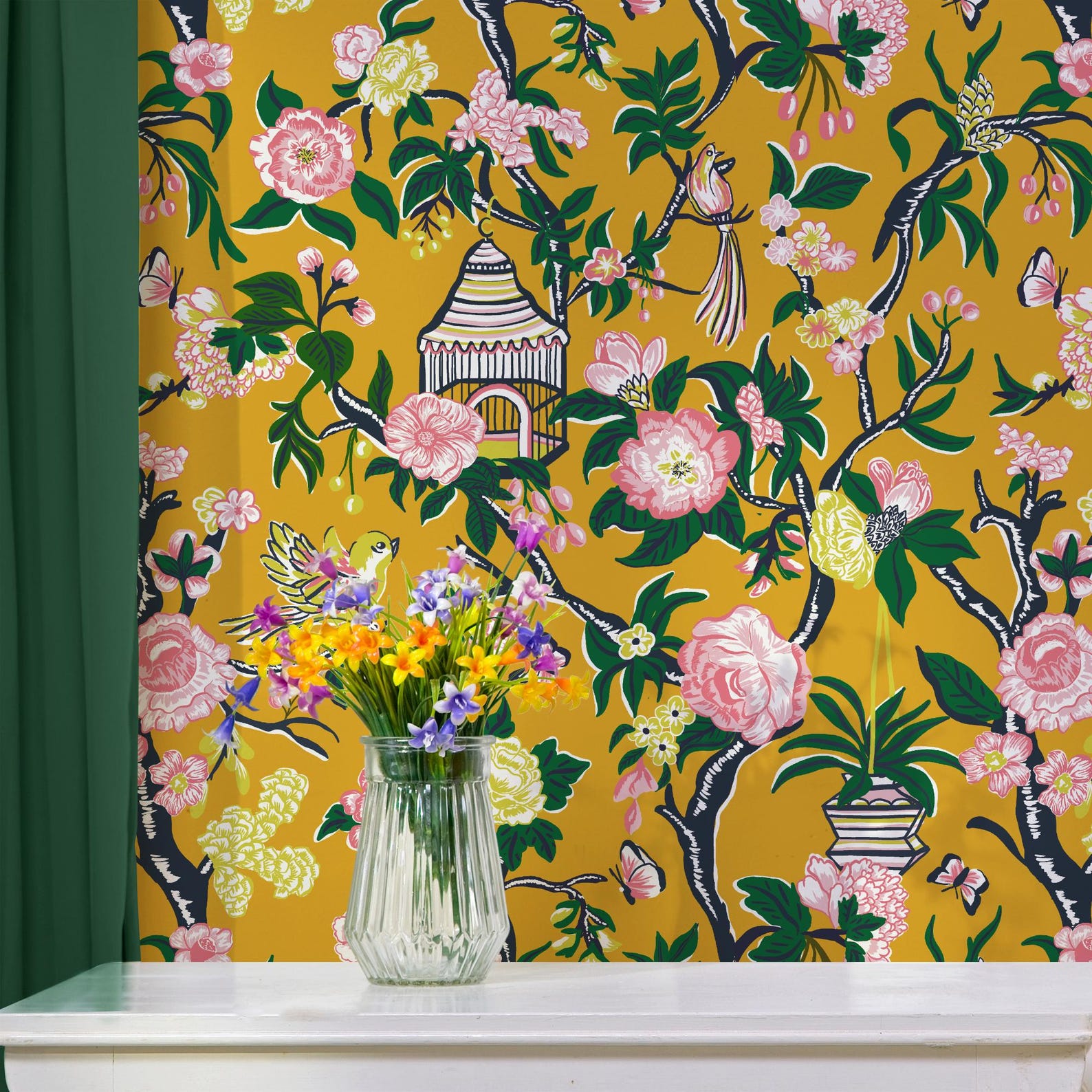 Yellow Chinoiserie Wallpaper, Eclectic Floral Wall Mural, Vintage Style ...