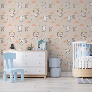 Mural de pequeños animales: papel tapiz de dibujos animados para habitación de bebé, vinilo tipo II (adhesivo/sin pegamento)