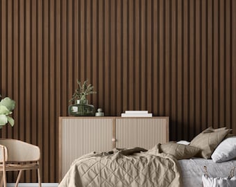 Walnut Wood Slat Wallpaper - Modern Vinyl Panel (Peel and Stick/Unpasted)