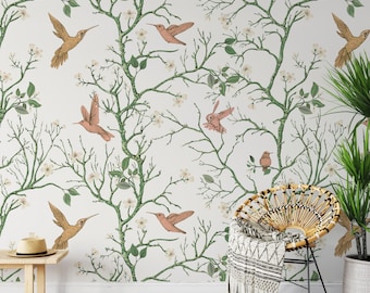 Botanical Songbird Wallpaper, Vintage Nature Mural, Type II Vinyl