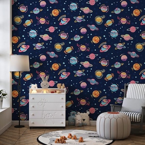 Carta da parati Space Adventures – Decorazione murale con astronauta e razzo per cameretta, cameretta dei bambini e sala giochi, vinile tipo II (stacca e incolla/non incolla)