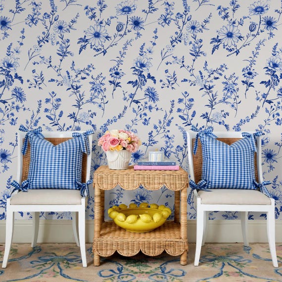 Blue Toile Wallpaper, Delft Floral Wall Mural, Chinoiserie Style