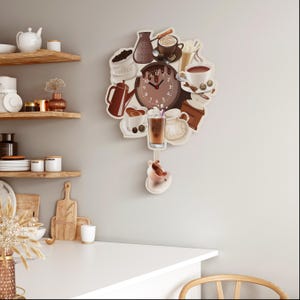 Horloge murale en métal avec pendule pour l'heure du café - Conception de tasse qui se balance - Décoration de cuisine de café - Mouvement silencieux - Cadeau pour les amateurs de café