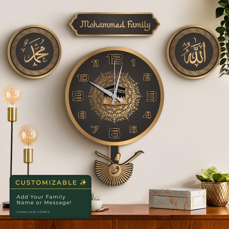 May include: A black and gold wall clock with Arabic numerals and a decorative pendulum. The clock is surrounded by two circular wall hangings with Arabic calligraphy and a rectangular sign that reads "Mohammed Family". The image also includes a customizable sign.