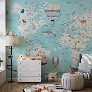 Blaue Weltkarte Abenteuer Tapete-Pädagogische Kinder Wandkunst mit Tieren für Kinderzimmer und Spielzimmer Typ II Vinyl (Abziehen und Einfügen / Ungeklebt)