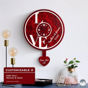 Love Pendulum Metal Wall Clock – Romantic Rose Design – Couple Gift with Names & Date – Valentine’s Day – Heart Shaped Swing  – Customizable