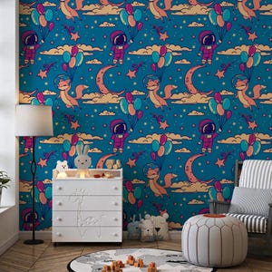 Carta da parati Space Adventures – Decorazione murale con astronauti per cameretta e sala giochi per bambini, tipo II, in vinile (da staccare e incollare/non incollare)