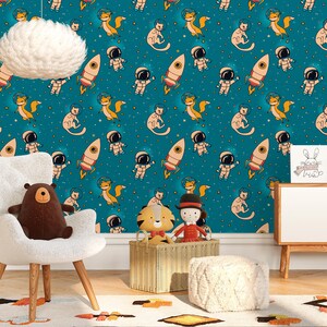 Carta da parati Space Adventures – Decorazione murale con astronauti per cameretta e sala giochi per bambini, tipo II, in vinile (da staccare e incollare/non incollare)