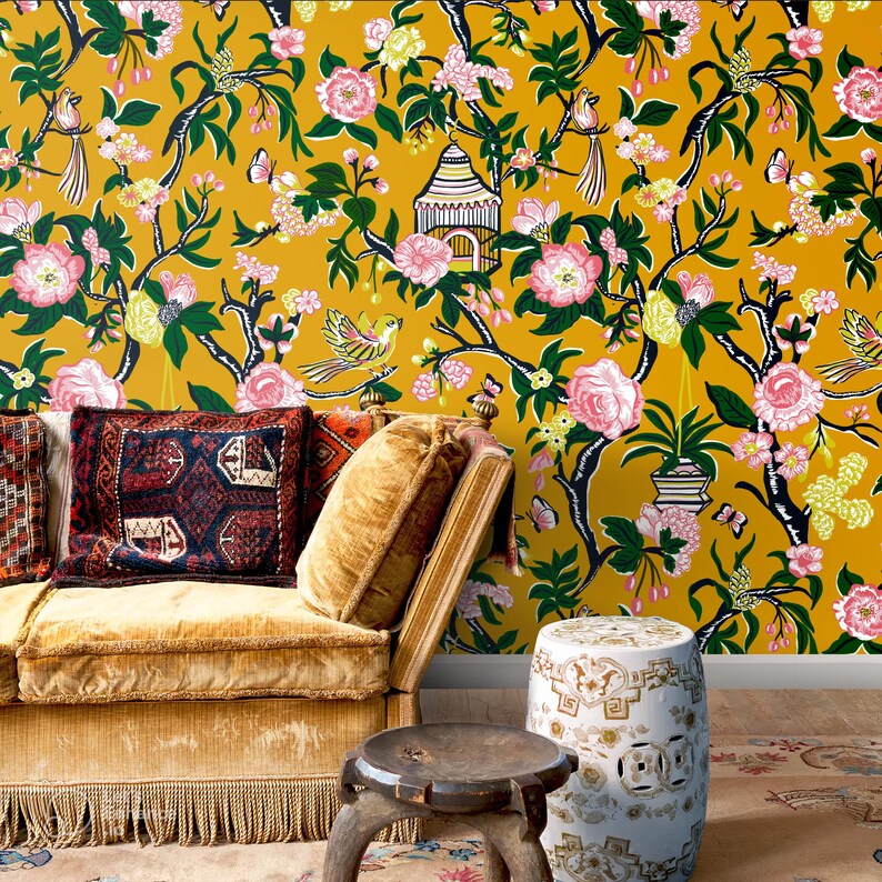Yellow Chinoiserie Wallpaper, Eclectic Floral Wall Mural, Vintage Style ...