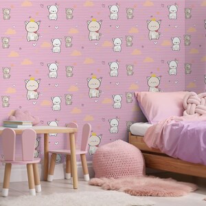 リトルアニマルフレンズ ピンク壁画 – 赤ちゃん部屋用かわいい漫画保育園壁紙 タイプIIビニール（剥がして貼るタイプ/非糊付けタイプ）