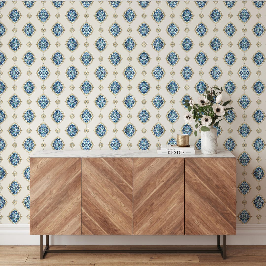 Moroccan Tile Wallpaper, Blue and Gold Peel & Stick Vinyl - Etsy