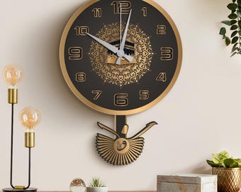 Islamic Pendulum Metal Wall Clock – Kaaba Design – Muslim Family – Ramadan Mubarak - Silent Gift