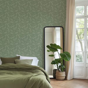 Sage Green Minimalist Wallpaper, Line Art Leaf Wall Mural, Modern Botanical - Type II Vinyl (Peel & Stick / Non-Pasted)