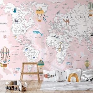 Weltkarte Abenteuer Tapete Kinder Wandbild mit Tieren für Kinderzimmer und Spielzimmer Typ II Vinyl (Abziehen und Einfügen