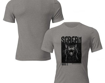 Puede incluir: Una camiseta gris jaspeada con un gráfico en blanco y negro de un gato con la palabra "SCREAM" encima y el texto "AND RELEASE THE INNER MONSTER" debajo.