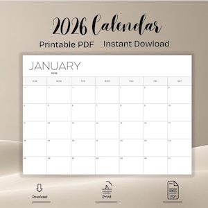 2026 Monthly Printable Calendar | Minimalist PDF Planner | A4 A5 US Letter | Instant Download