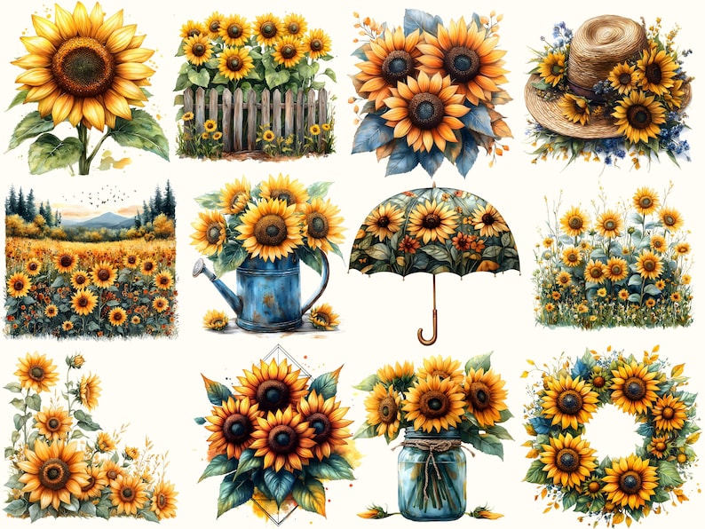 Op de afbeelding: Een verzameling van 12 digitale illustraties met zonnebloemen in verschillende arrangementen. De illustraties omvatten zonnebloemen in een veld, in een vaas, in een krans en met een hoed. De illustraties zijn geschilderd in aquarelstijl.