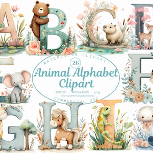 Coleção de clipart de alfabeto de animais, 26 ilustrações em PNG de alfabeto em aquarela, letras fofas para quarto de bebê, chá de bebê, download digital, uso comercial