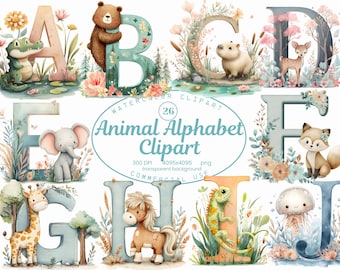 Animal Alphabet Clipart Collection, Watercolor ABC 26 PNG Illustrations, Cute Nursery Letters, Baby Shower, Digital Download, Commercial Use