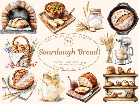 Sourdough Bread Clipart Collection, Homesteading Bread Baker 20 PNG illustrations, Watercolor Style Art Digital Download Commercial Use