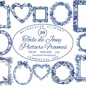 Toile de Jouy bleu cadres Clipart, images Clipart de Style aquarelle campagne Français PNG, téléchargement numérique à usage Commercial