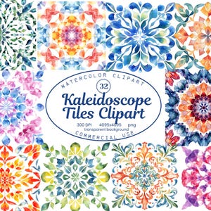 Kaleidoscope Tiles Clipart Collection, Boho Geometric Mosaic 32 PNG Illustrations, Watercolor Style Art, Digital Download, Commercial Use