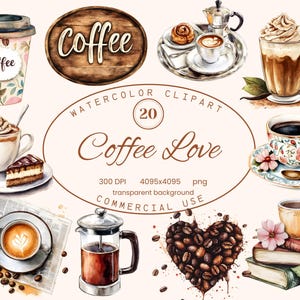 Colección de imágenes prediseñadas de Coffee Love, 20 ilustraciones PNG rústicas, arte de acuarela de cafetería, descarga digital para uso comercial