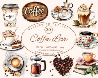 Kaffekärlek Clipart-samling, Rustik 20 PNG-illustrationer, Kaffebar akvarellstil konst Digital nedladdning Kommersiell användning