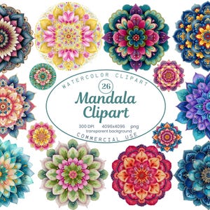 Mandala Clipart Collection, Boho Floral Mandala 26 PNG Illustrations, Decorative Watercolor Style Art, Digital Download, Commercial Use