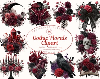 Colección de imágenes prediseñadas de flores góticas, rosas de acuarela oscuras con telaraña (20 PNG), arte de brujas de Halloween, descarga digital, uso comercial