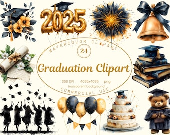 Graduation Clip Art Collection, Watercolor Grad Floral 24 PNG, Graduation Caps, Diploma Clipart Bundle, Digital Download Commercial Use