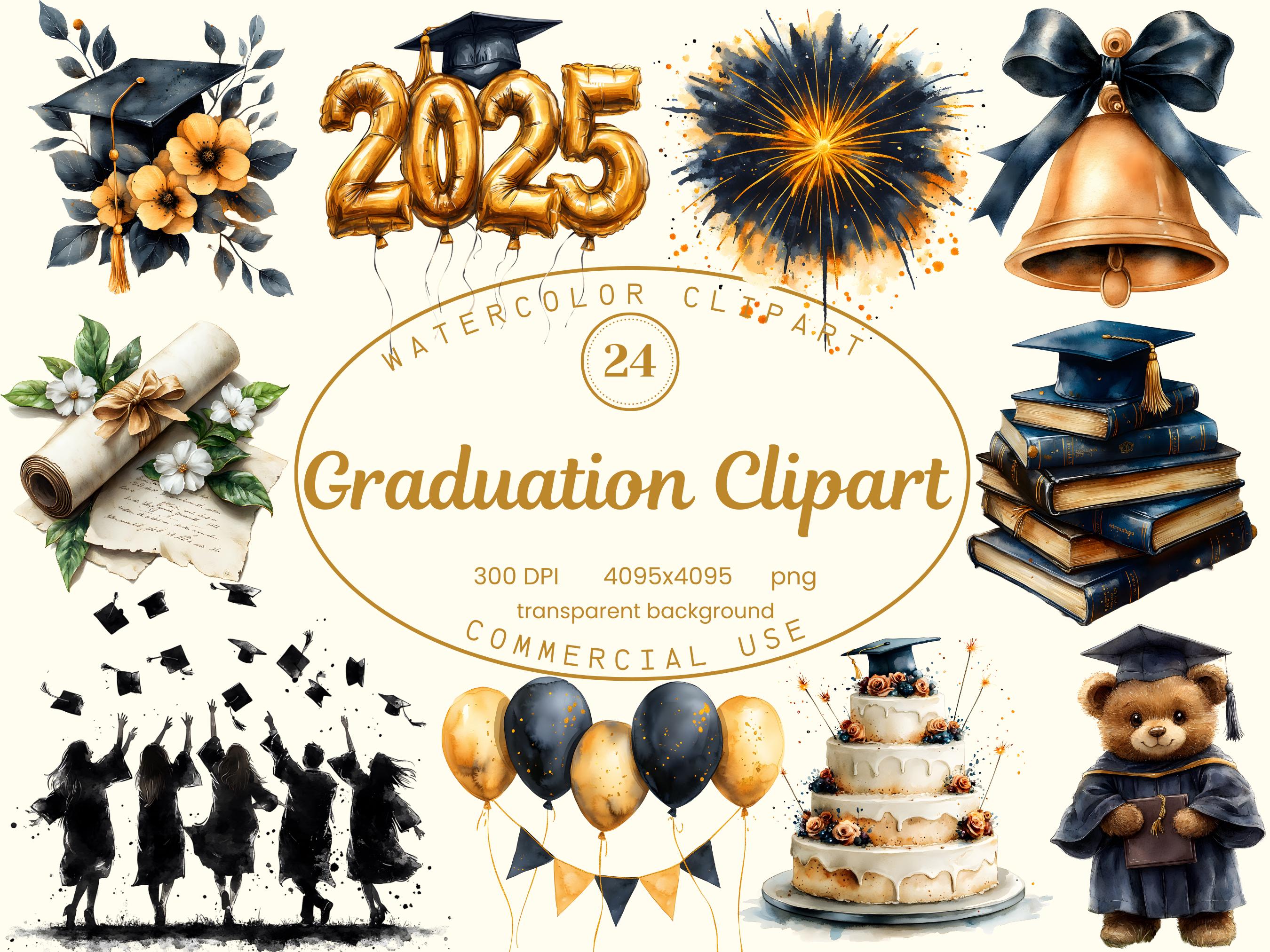 Graduation Clip Art Collection, Watercolor Grad Floral 24 PNG ...