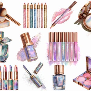 May include: A collection of iridescent makeup products, including lipsticks, lip glosses, eyeshadow, mascara, eyeliner pencils, and a perfume bottle. The products feature a range of colors, including pink, purple, blue, and gold, with a shimmering effect.