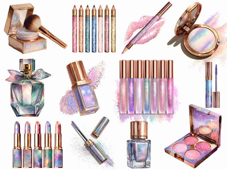 May include: A collection of iridescent makeup products, including lipsticks, lip glosses, eyeshadow, mascara, eyeliner pencils, and a perfume bottle. The products feature a range of colors, including pink, purple, blue, and gold, with a shimmering effect.