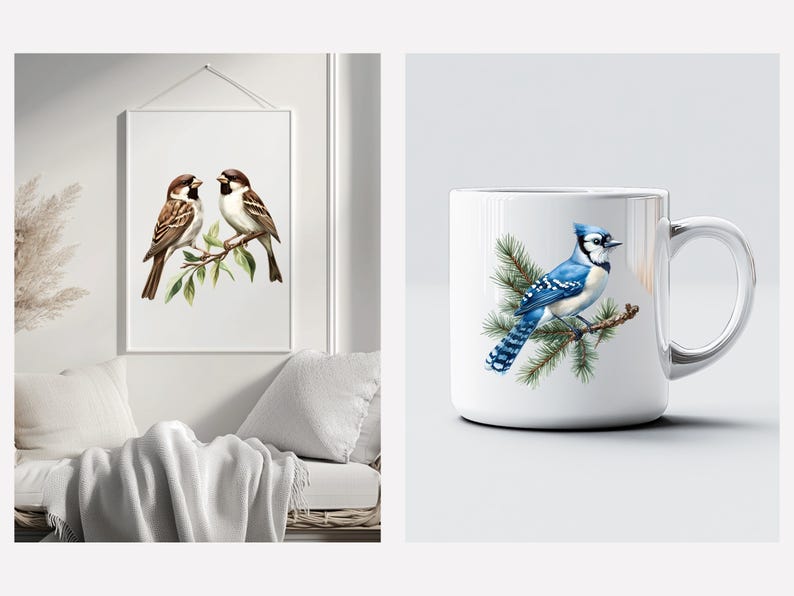 May include: A white ceramic mug with a blue jay bird perched on a pine branch. The bird has a blue body, white head, and black eyes. The mug is a great gift for bird lovers.