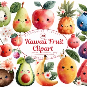 Colección de imágenes prediseñadas de frutas kawaii, 20 ilustraciones PNG de frutas lindas en acuarela, pegatinas de fresa y melocotón, descarga digital, uso comercial